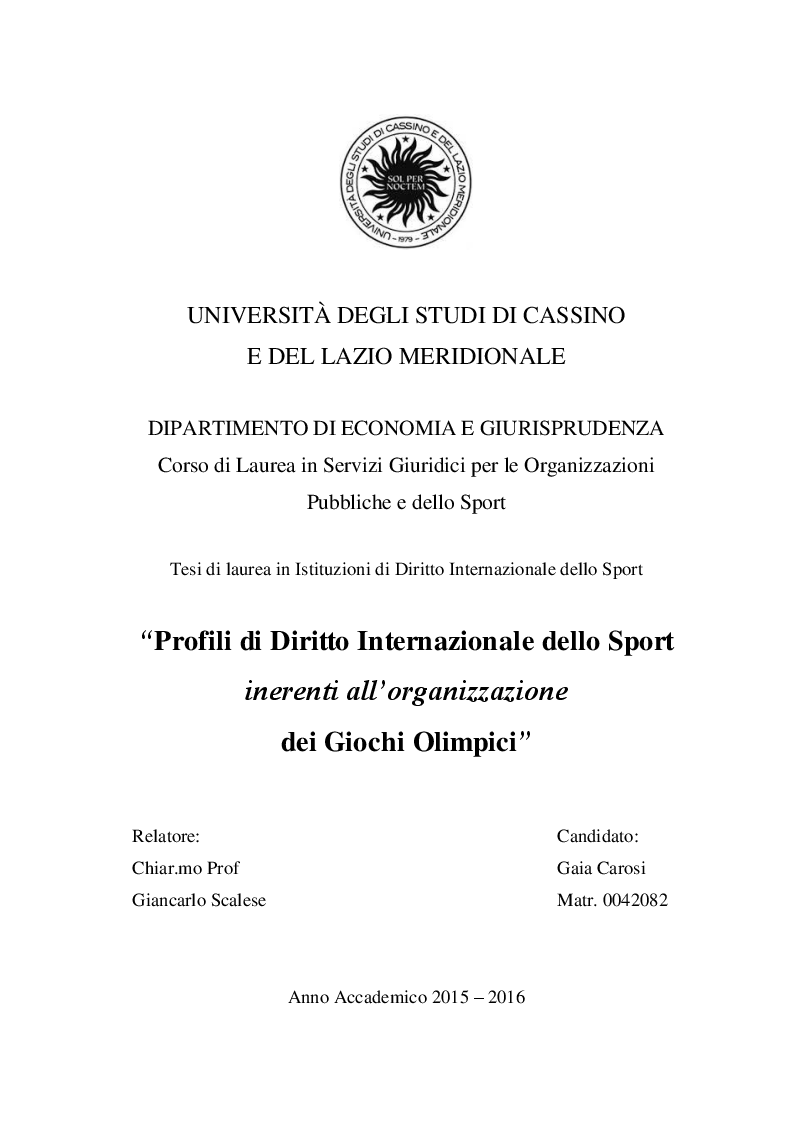 Anteprima della tesi: Le istituzioni di Diritto Internazionale inerenti all'organizzazione dei Giochi Olimpici, Pagina 1