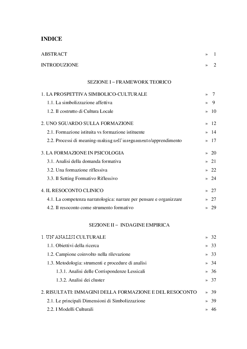 Indice della tesi: Il resoconto come strumento della formazione riflessiva in psicologia. Un'indagine empirica., Pagina 1