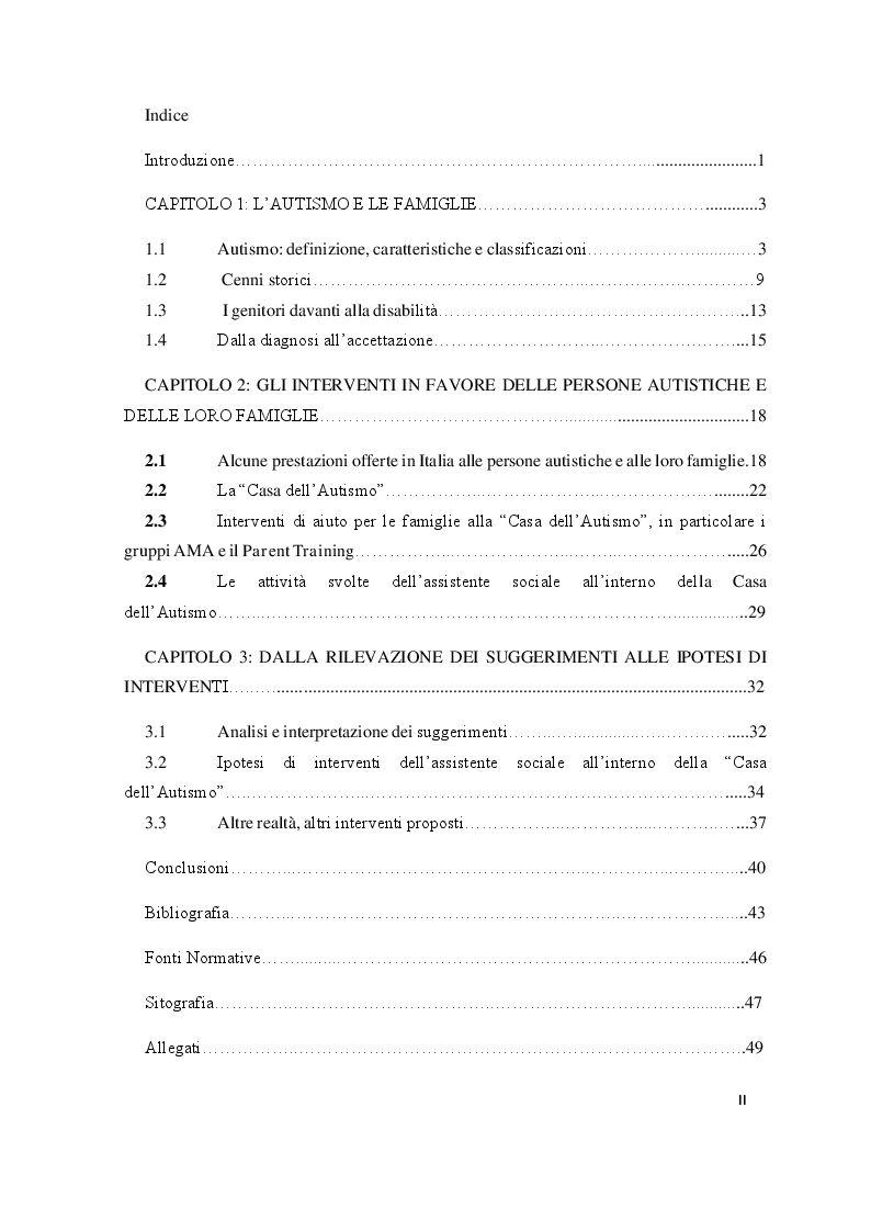 Indice della tesi: Il ruolo dell'assistente sociale nell'ambito dell'autismo: l'esperienza della Casa dell'Autismo di Candelo, Pagina 1