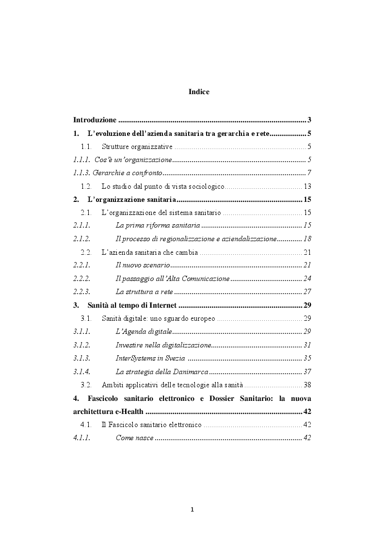 Indice della tesi: L’azienda ad Alta Comunicazione tra realtá e progetto: dal Fascicolo al Dossier Sanitario, Pagina 1