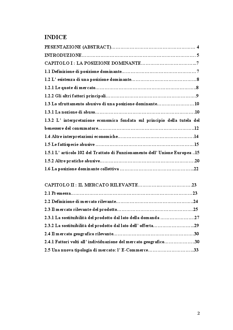 Indice della tesi: La più recente giurisprudenza dell'autorità garante in materia di abuso di posizione dominante, Pagina 1