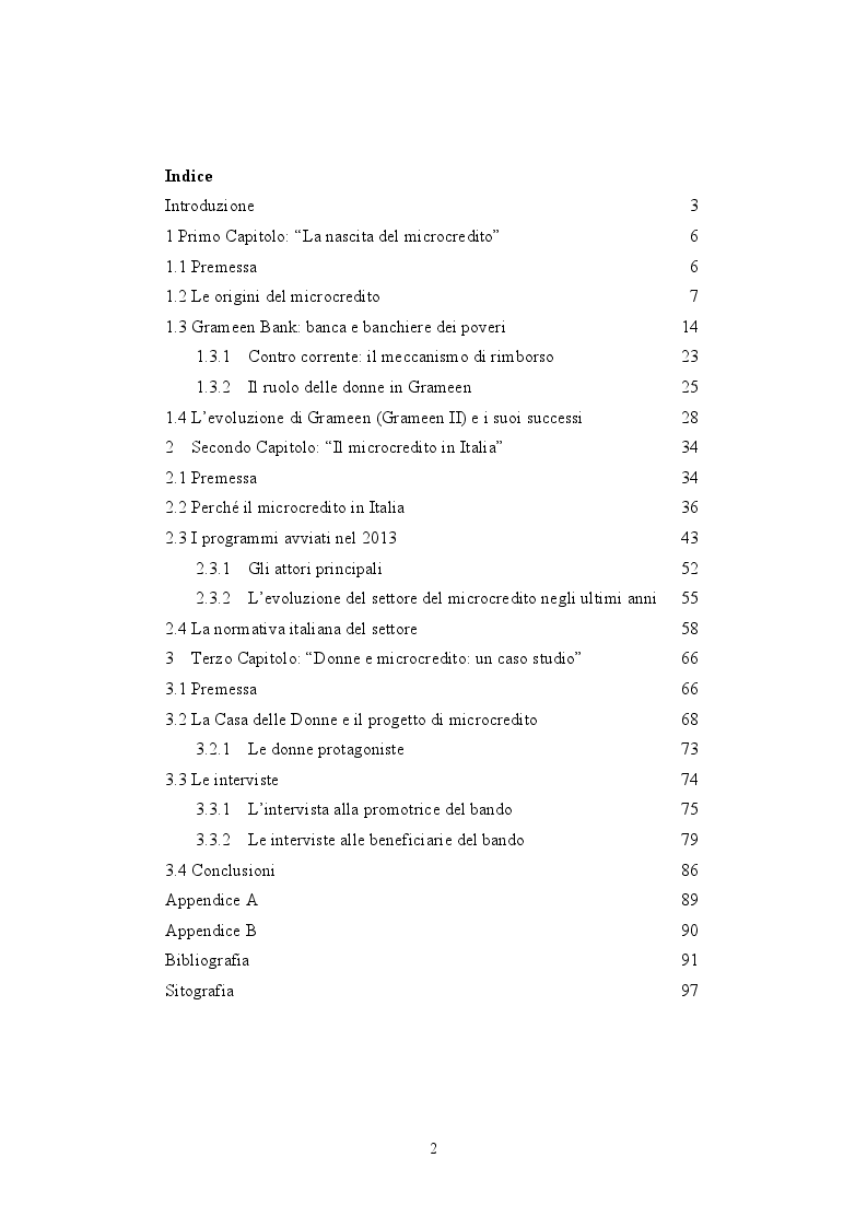 Indice della tesi: Il Microcredito come strumento di sviluppo: alcuni casi studio, Pagina 1