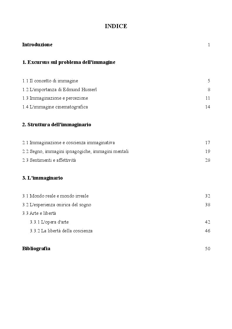 Indice della tesi: Immaginazione e immaginario: Sartre e il concetto di immagine, Pagina 1