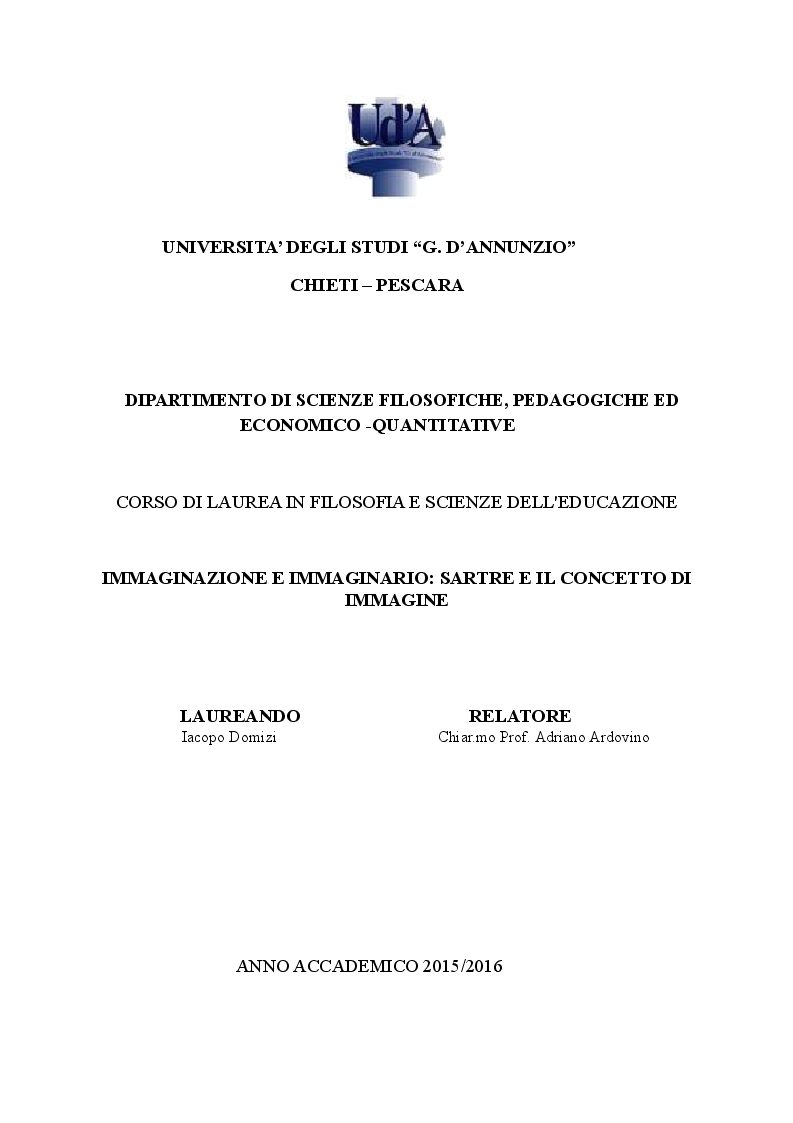 Anteprima della tesi: Immaginazione e immaginario: Sartre e il concetto di immagine, Pagina 1