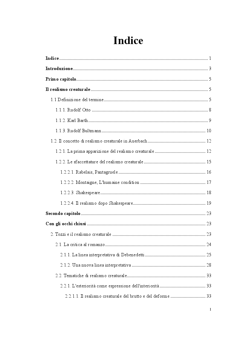 Indice della tesi: Il realismo creaturale nei romanzi di Federigo Tozzi, Pagina 1