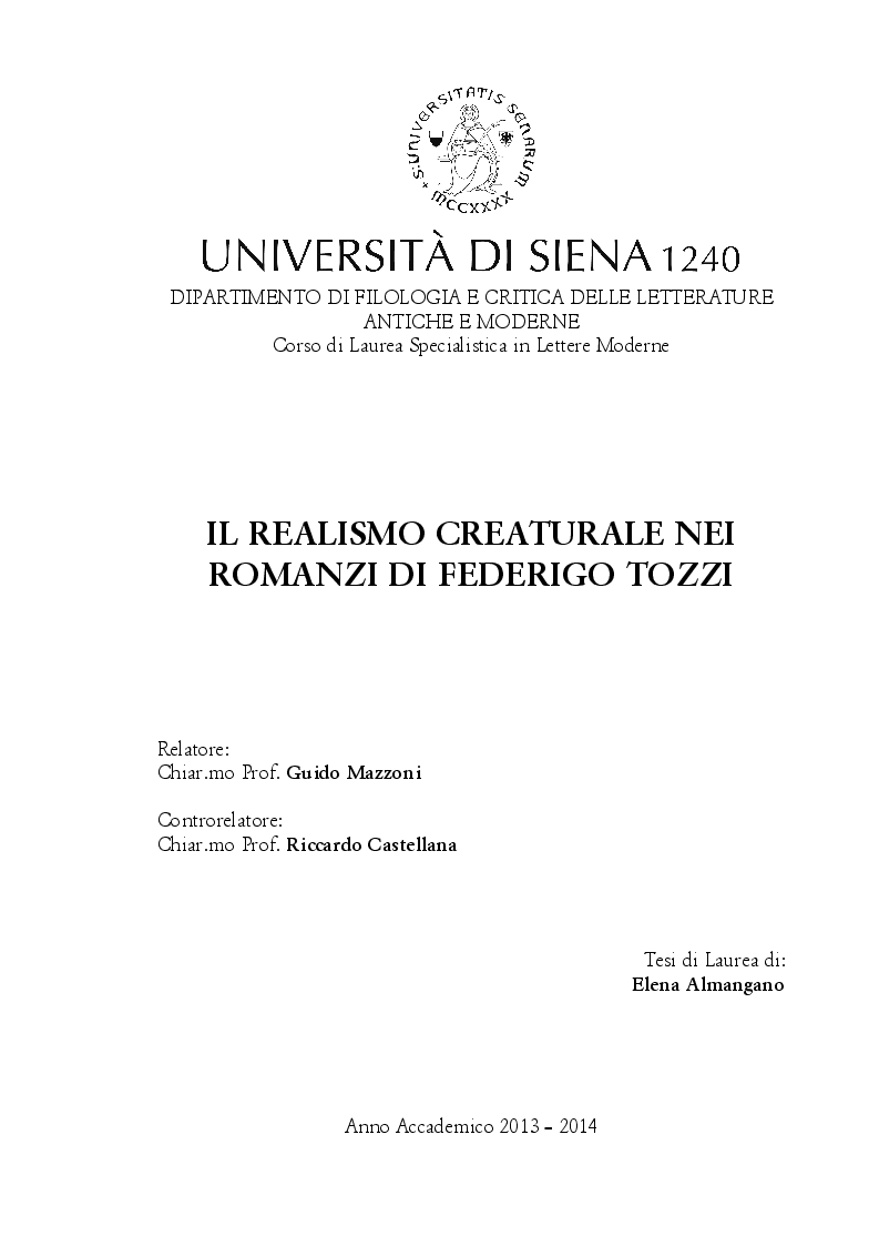 Anteprima della tesi: Il realismo creaturale nei romanzi di Federigo Tozzi, Pagina 1