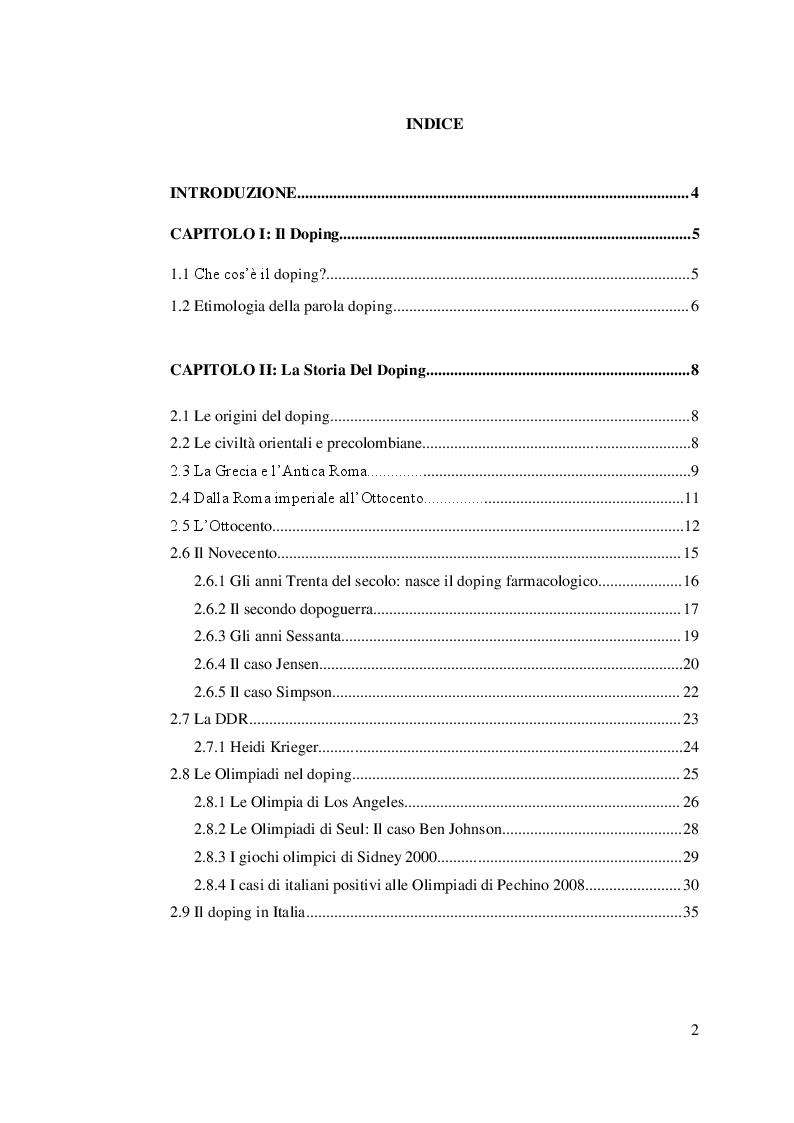 Indice della tesi: "La Storia Del Doping": origini ed evoluzione del fenomeno, Pagina 1