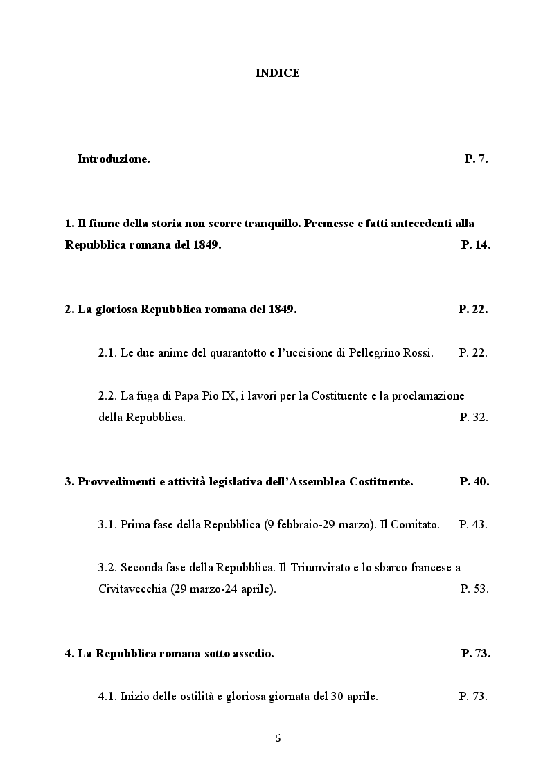 Indice della tesi: La Repubblica romana del 1849 e il suo operato legislativo, Pagina 1