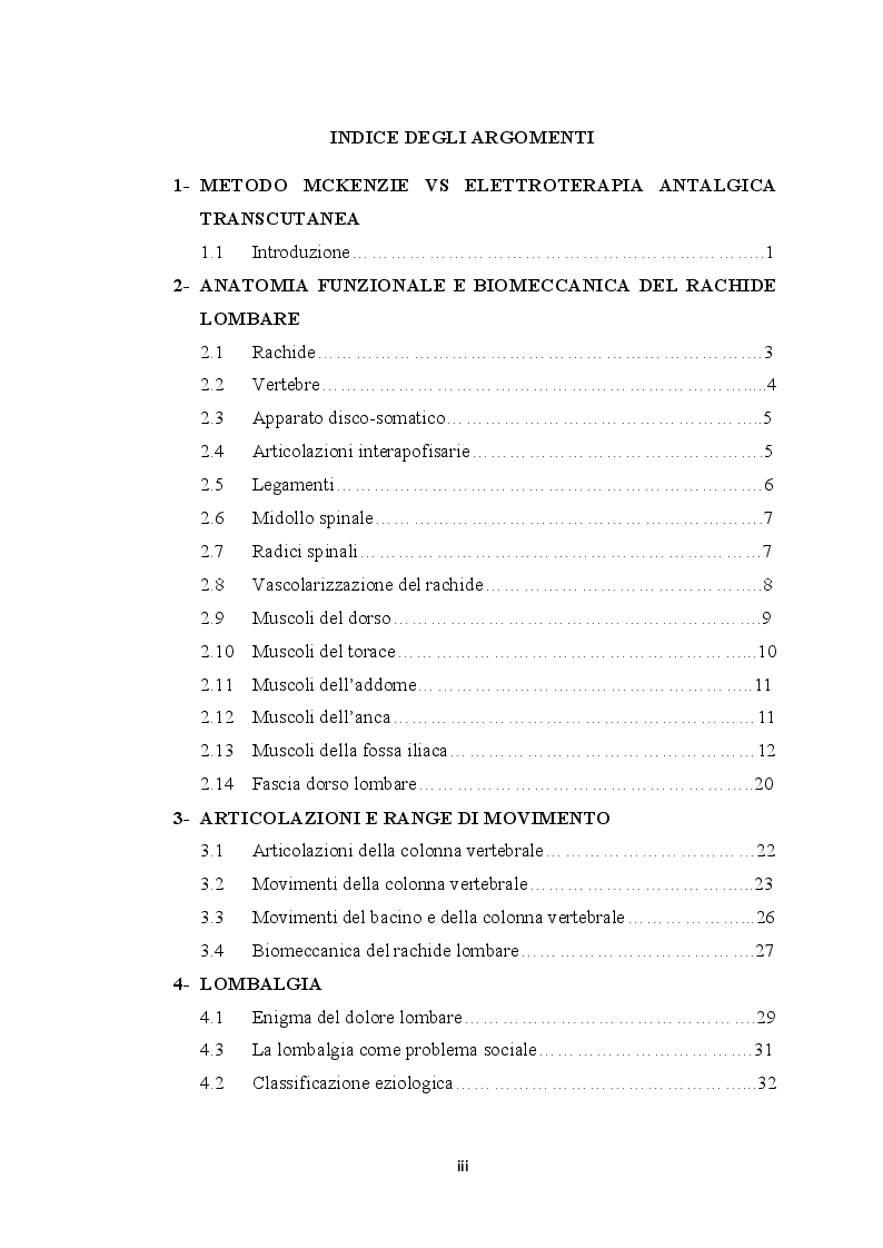 Indice della tesi: Metodo McKenzie Vs Elettroterapia Antalgica Transcutanea, Pagina 1