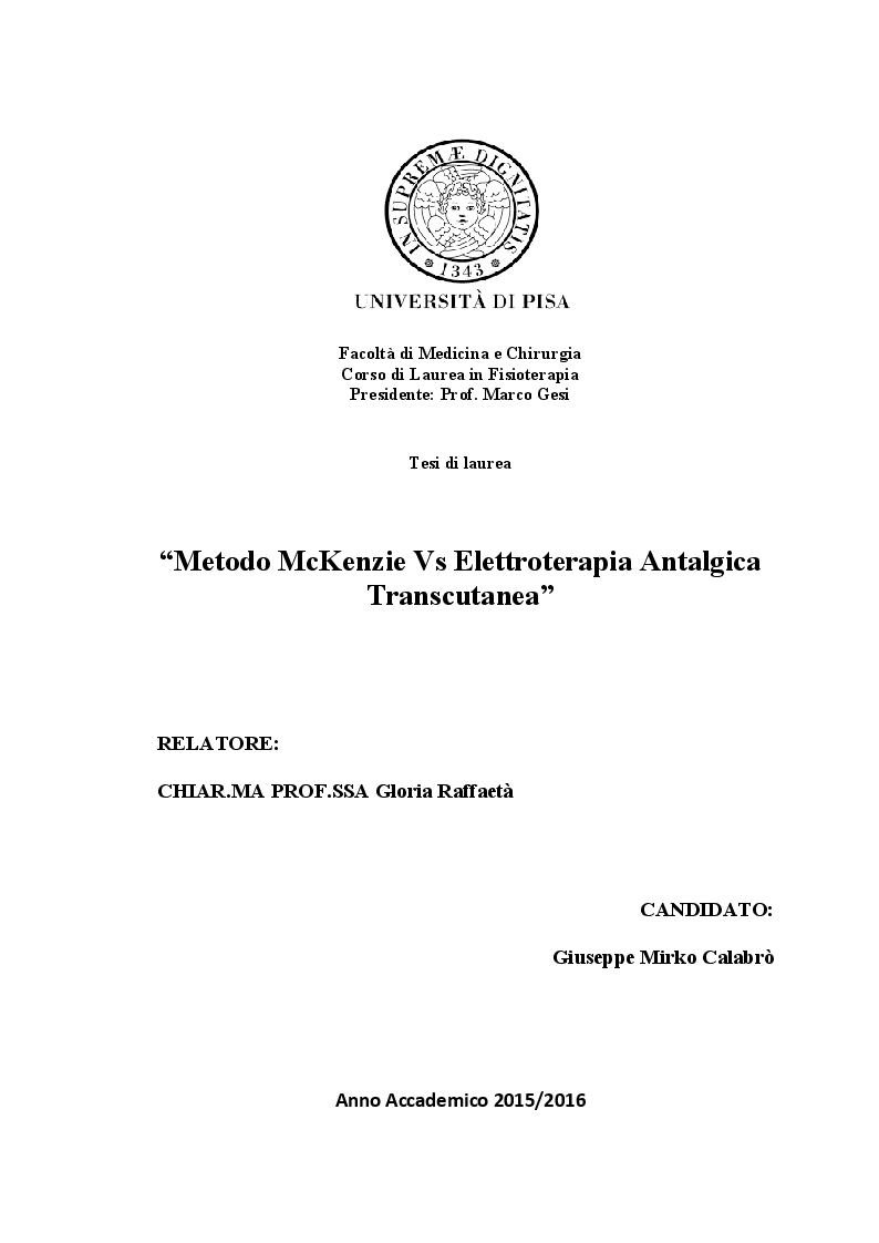 Anteprima della tesi: Metodo McKenzie Vs Elettroterapia Antalgica Transcutanea, Pagina 1