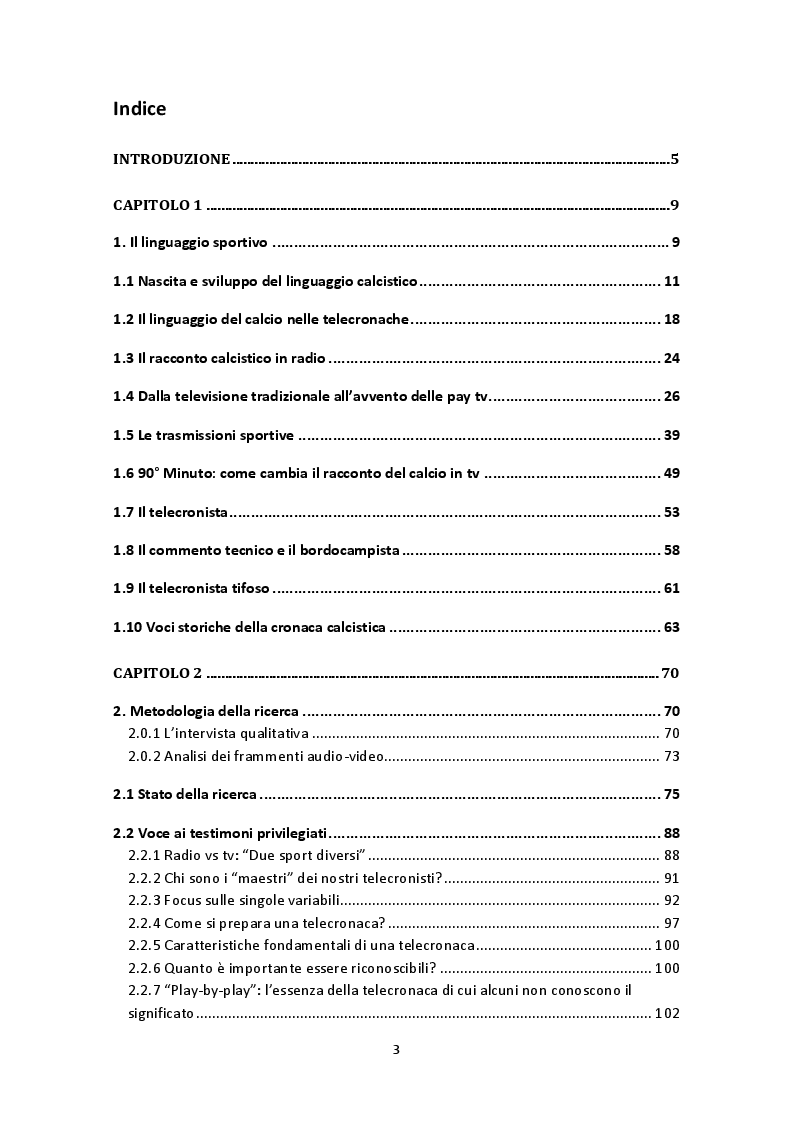 Indice della tesi: La telecronaca calcistica italiana: modelli, caratteristiche e stili tra passato, presente e futuro, Pagina 1