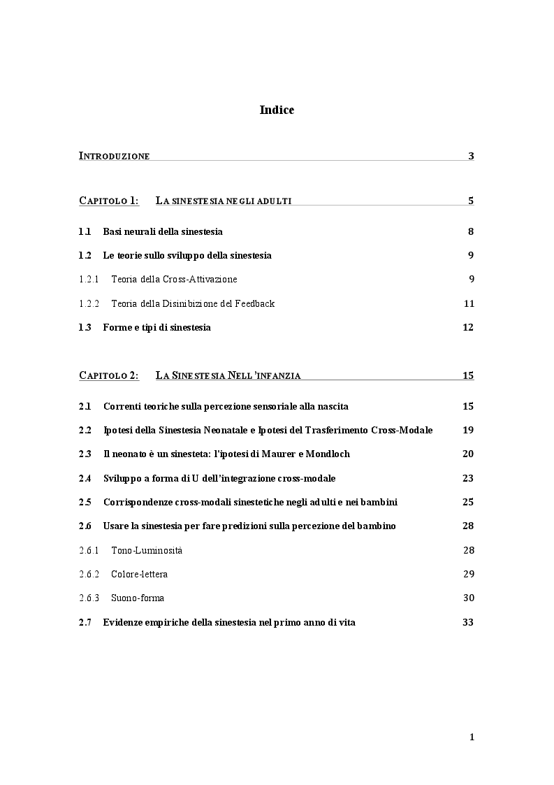 Indice della tesi: La sinestesia: una prima indagine con i neonati, Pagina 1