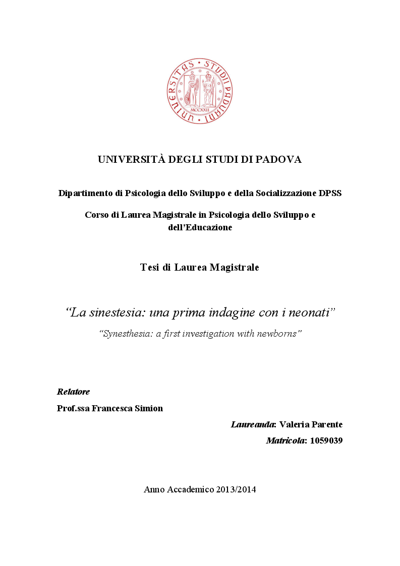 Anteprima della tesi: La sinestesia: una prima indagine con i neonati, Pagina 1
