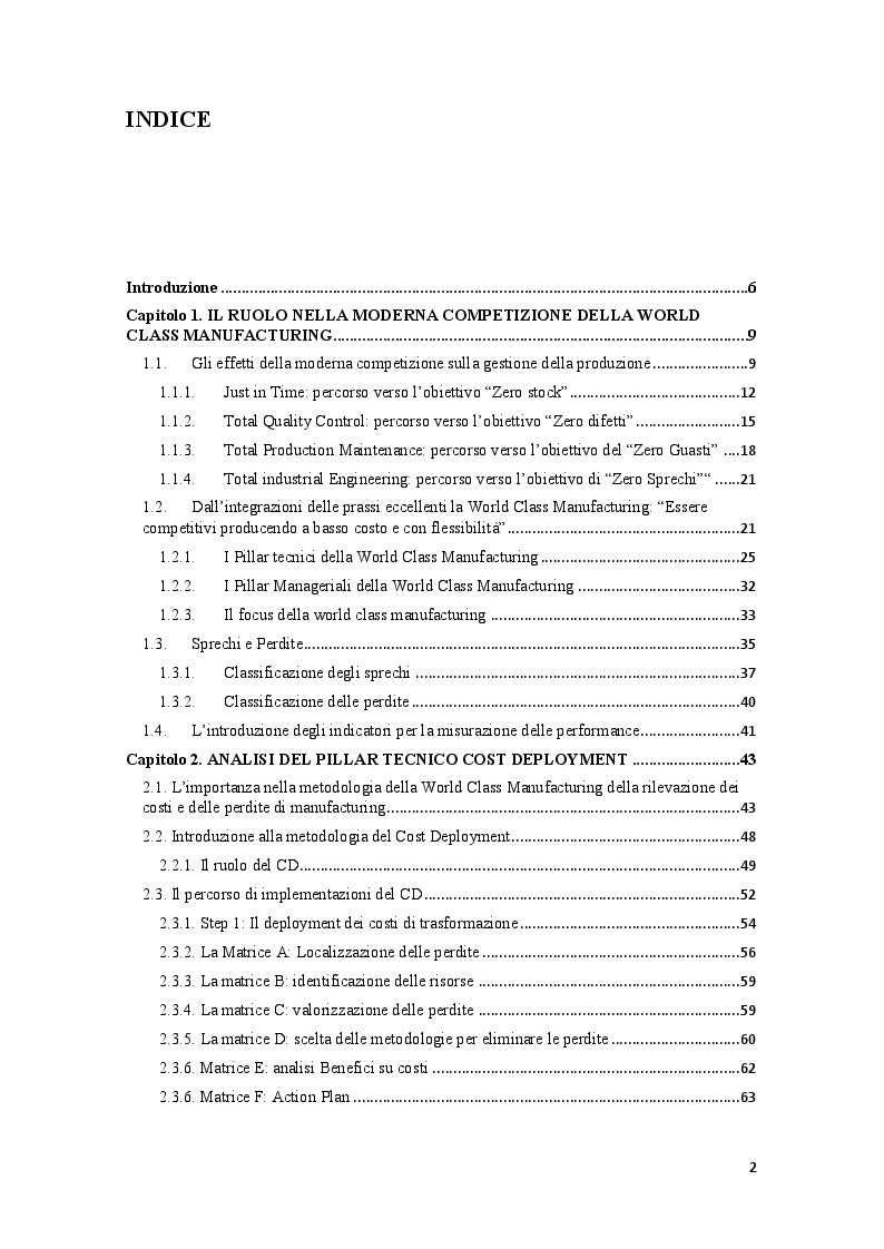 Indice della tesi: Cost Deployment: strumento di base nell'implementazione della World Class Manufacturing, Il caso FIAT, Pagina 1