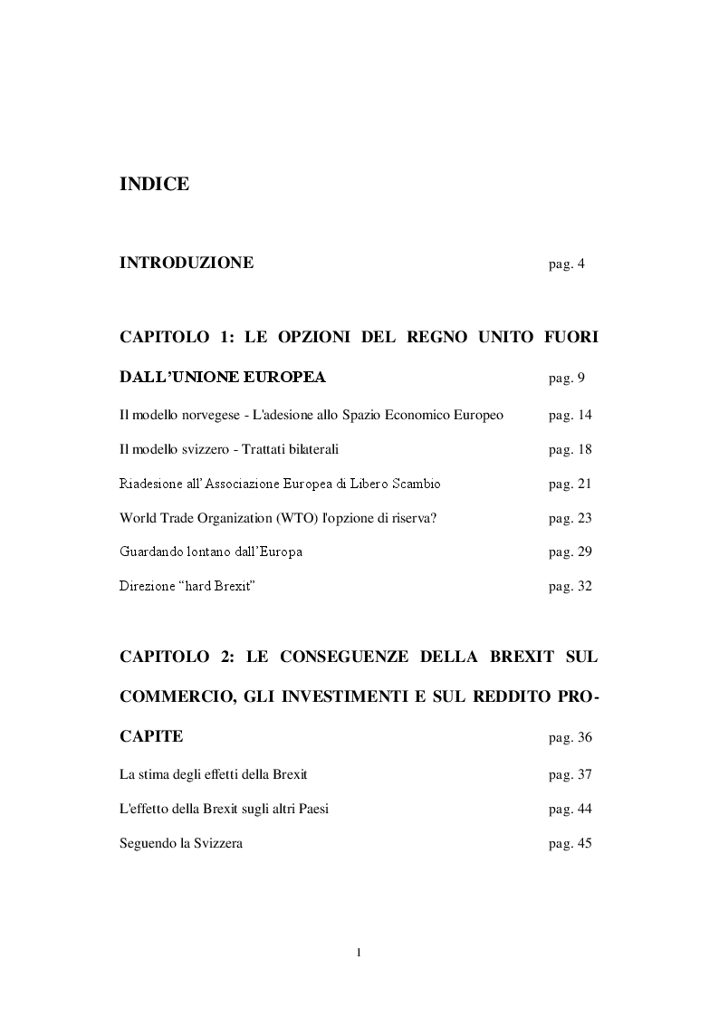 Indice della tesi: Gli impatti potenziali della Brexit sul Regno Unito, Pagina 1