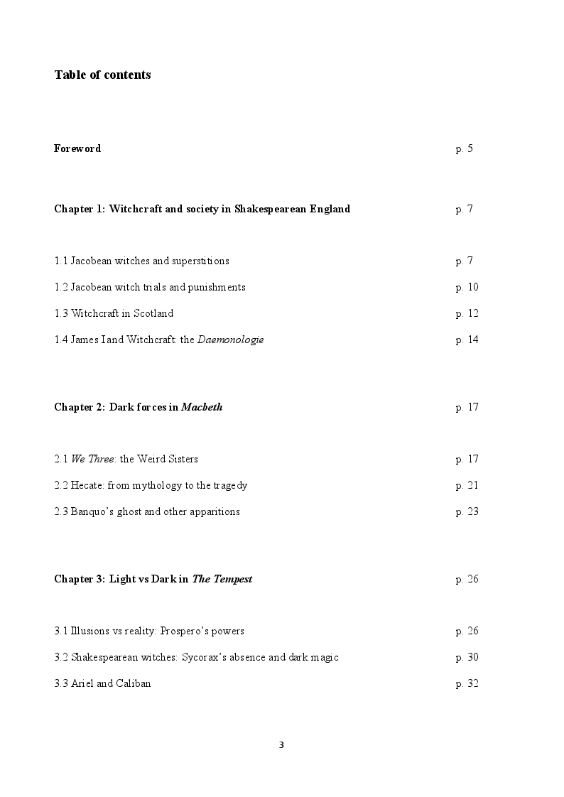 Indice della tesi: Magic and Witchcraft in Shakespearean England: Macbeth and The Tempest, Pagina 1