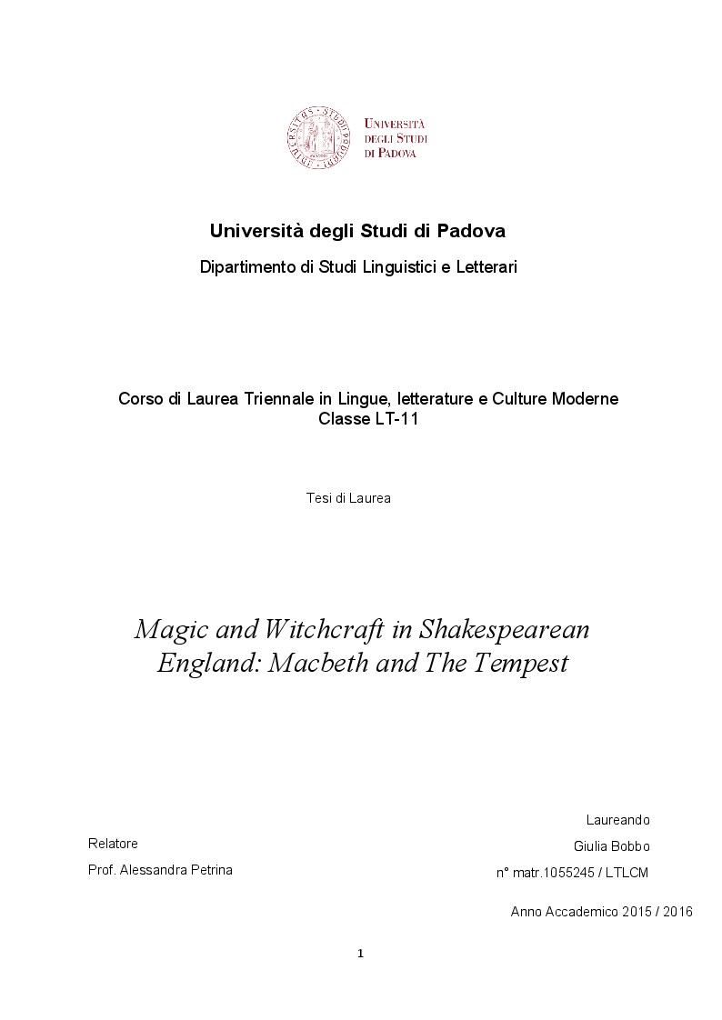 Anteprima della tesi: Magic and Witchcraft in Shakespearean England: Macbeth and The Tempest, Pagina 1