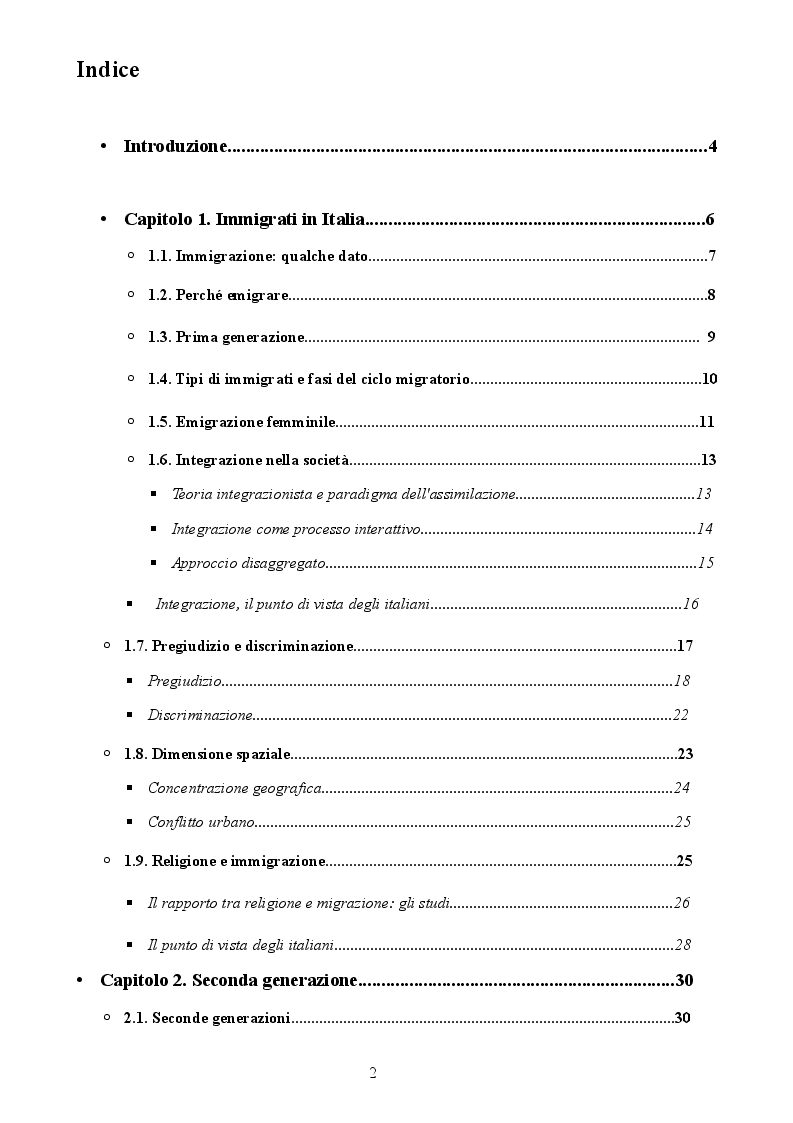 Indice della tesi: La generazione di mezzo. Seconde generazioni alle prese con la quotidianità, Pagina 1