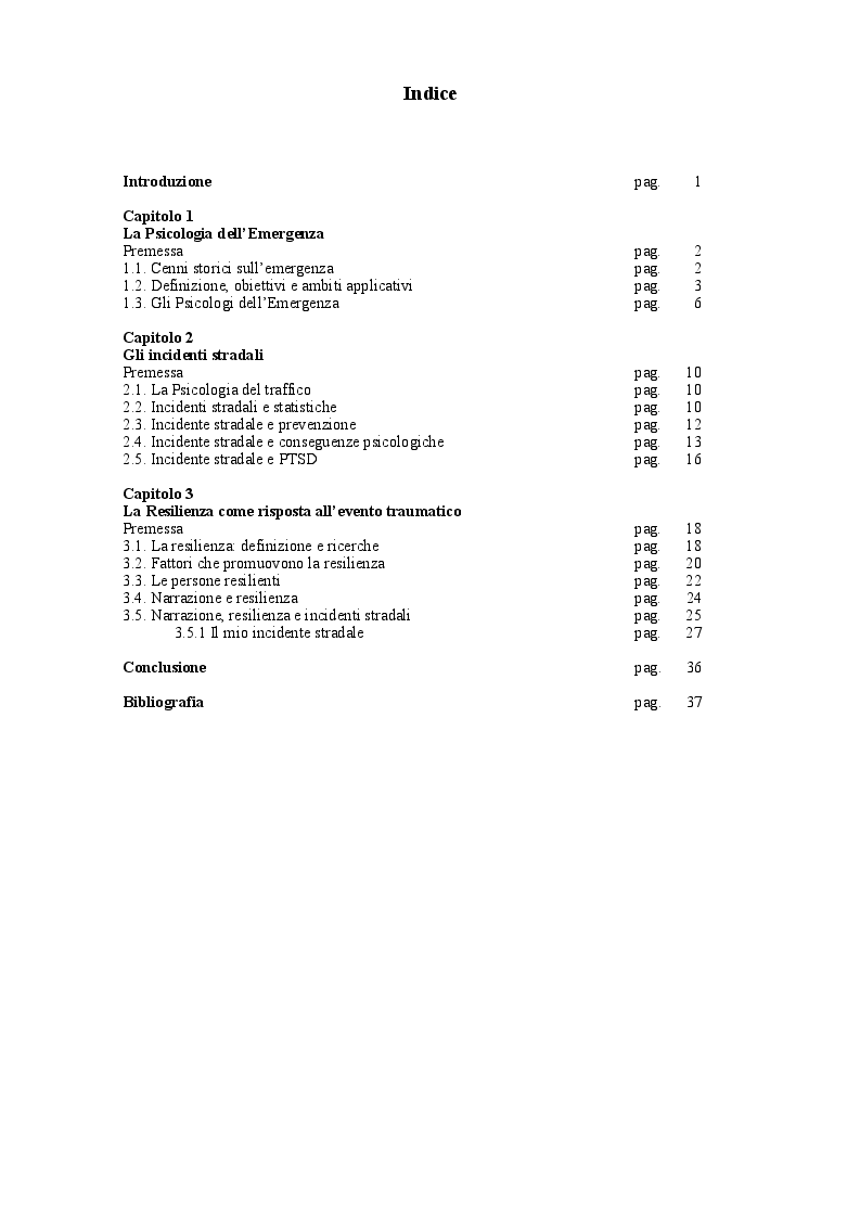 Indice della tesi: La resilienza negli incidenti stradali, Pagina 1