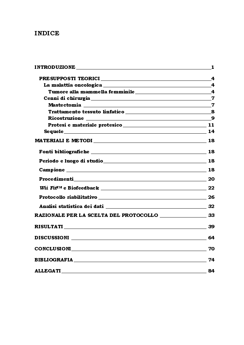 Indice della tesi: Trattamento riabilitativo con Wii Balance Board in pazienti con malattia oncologica dopo impianto di protesi mammaria, Pagina 1