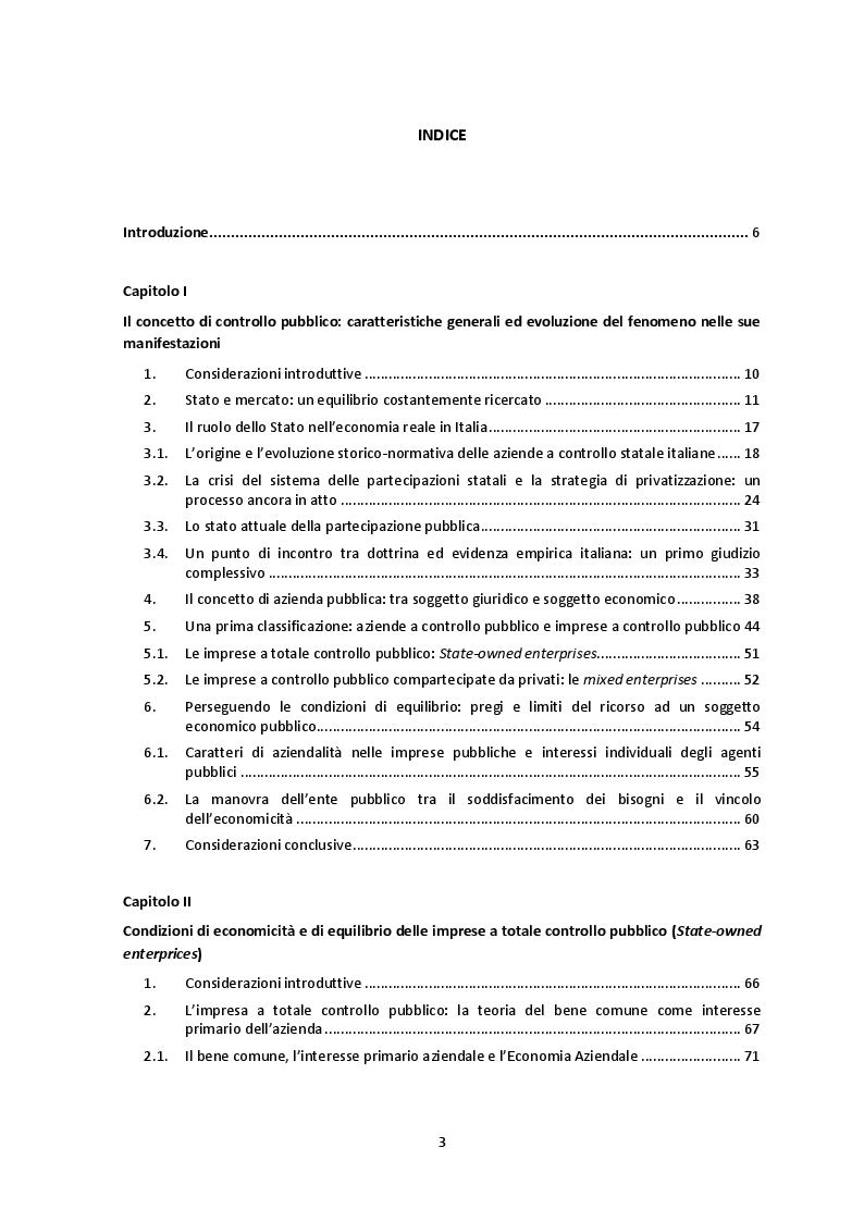 Indice della tesi: Le condizioni di economicità nelle imprese a totale controllo pubblico e nelle imprese pubbliche compartecipate da privati: quali differenze?, Pagina 1