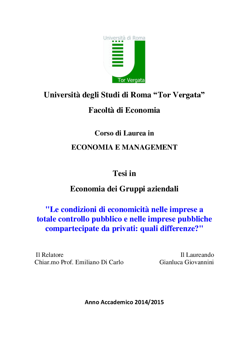 Anteprima della tesi: Le condizioni di economicità nelle imprese a totale controllo pubblico e nelle imprese pubbliche compartecipate da privati: quali differenze?, Pagina 1