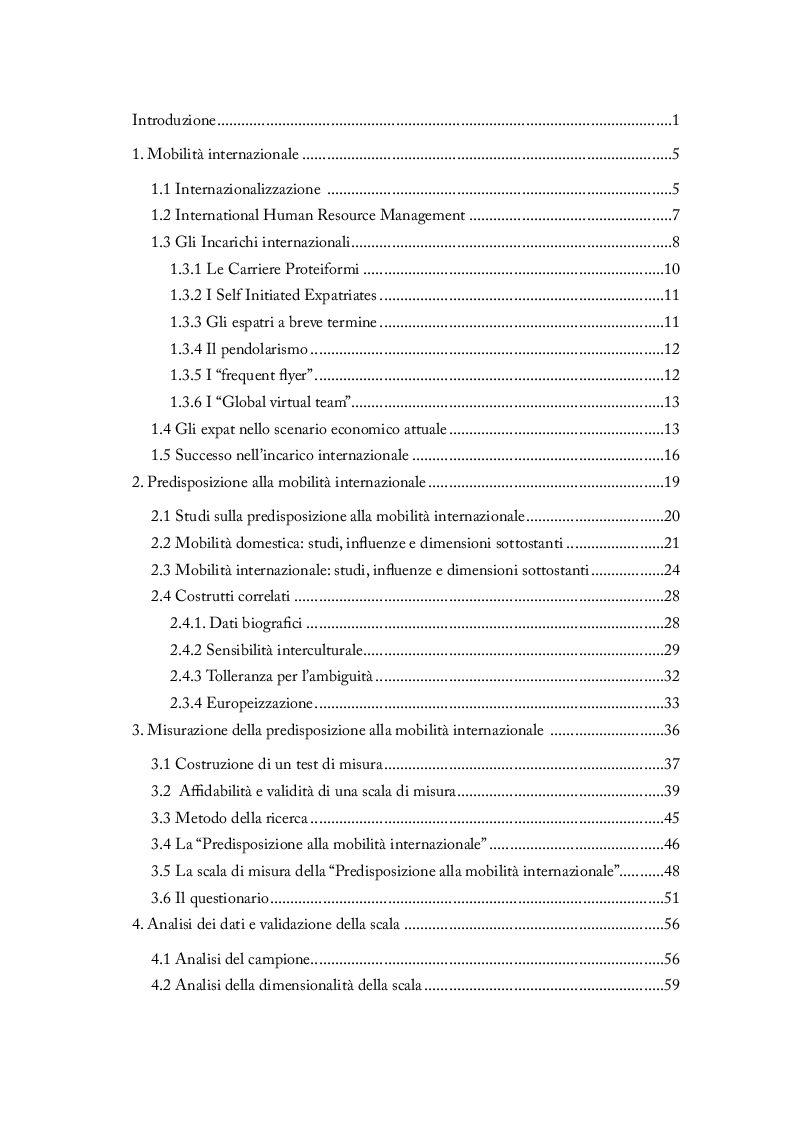 Indice della tesi: Predisposizione alla mobilità internazionale: elaborazione e validazione di una scala di misura, Pagina 1