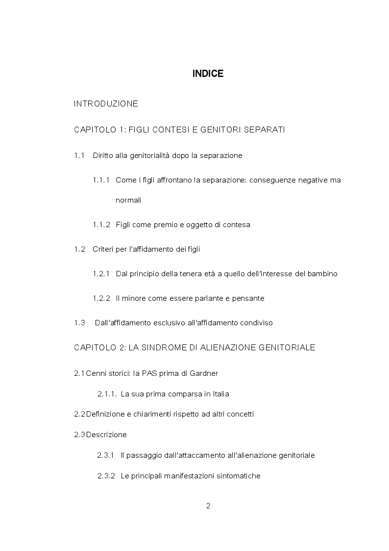 Indice della tesi: La Sindrome di Alienazione Genitoriale: Violenza Invisibile sui Minori, Pagina 1