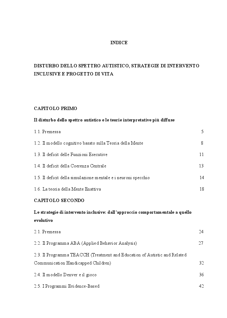 Indice della tesi: Disturbo dello spettro autistico, strategie di intervento inclusivo e progetto di vita, Pagina 1