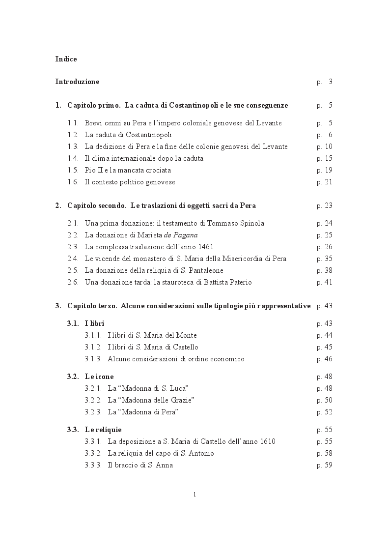 Indice della tesi: Pera nella memoria dei Genovesi: notizie e tradizioni (gli oggetti sacri pervenuti dopo la conquista di Costantinopoli), Pagina 1