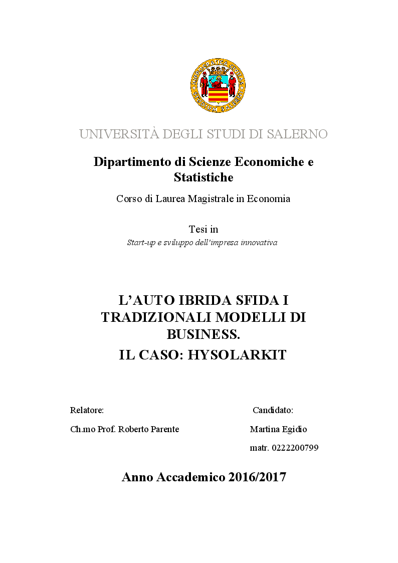 Anteprima della tesi: L'auto ibrida sfida i tradizionali modelli di business. Il caso HysolarKit, Pagina 1