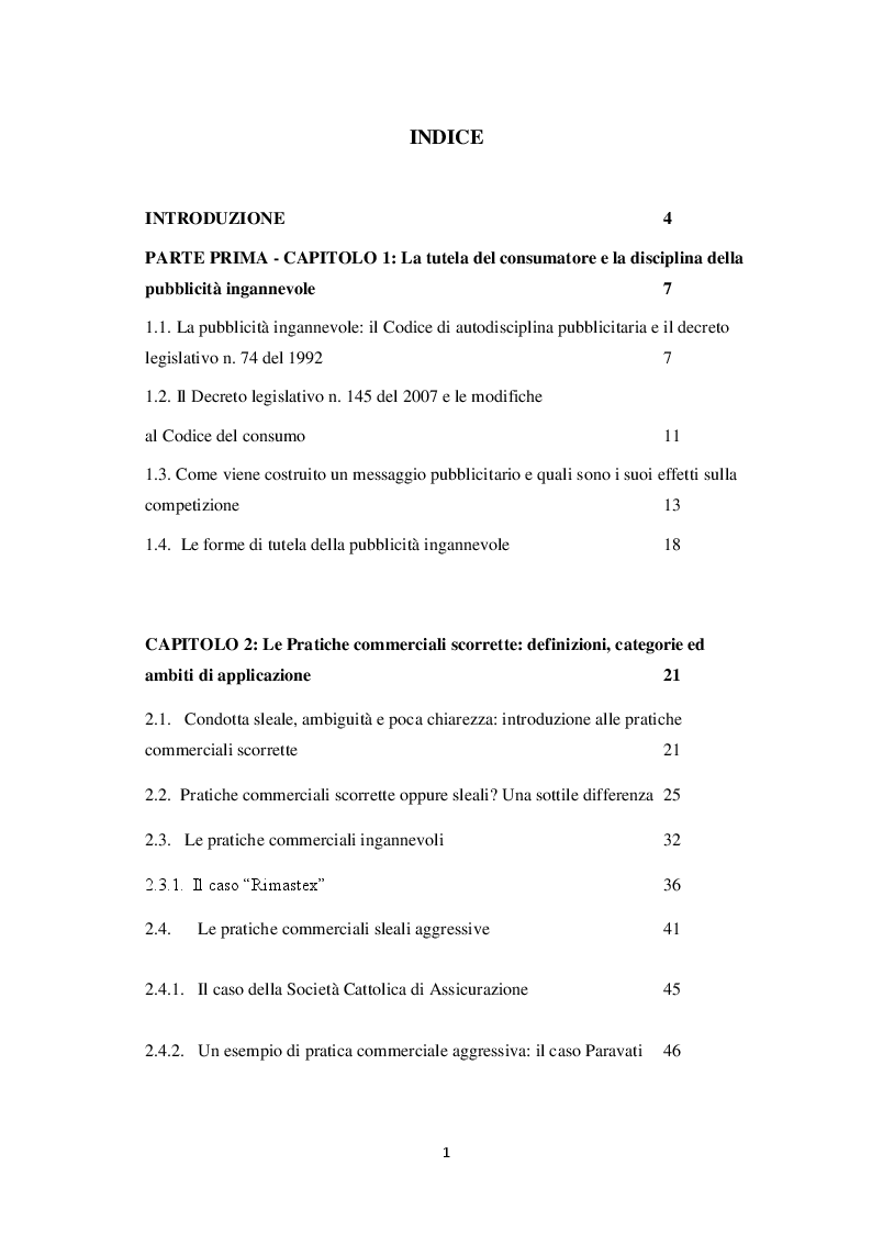 Indice della tesi: Le pratiche commerciali scorrette e i danni al consumatore: le forme di tutela in caso di forniture non richieste, Pagina 1