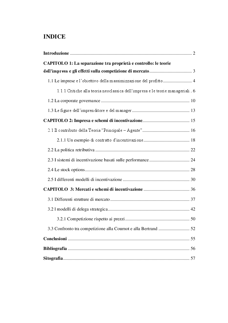Indice della tesi: Separazione tra proprietà e controllo. Incentivi manageriali e competizione di mercato, Pagina 1