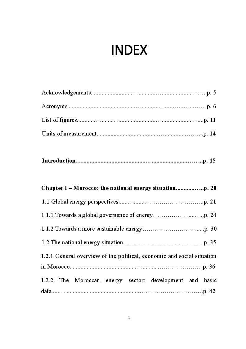 Indice della tesi: Renewable Energy as a Vector for the Strengthening of Technical and Financial Cooperation in the Euro-Mediterranean Region: The Case of Morocco , Pagina 1