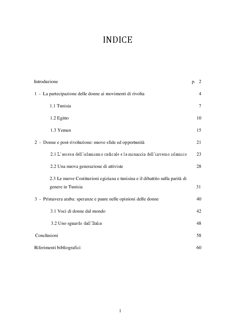 Indice della tesi: Donne e Primavera Araba: la partecipazione femminile alle ondate di rivolta e le dinamiche della post-rivoluzione , Pagina 1