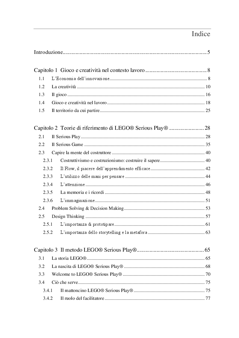 Indice della tesi: Il gioco e la creatività nel business: Il Metodo LEGO Serious Play, Pagina 1