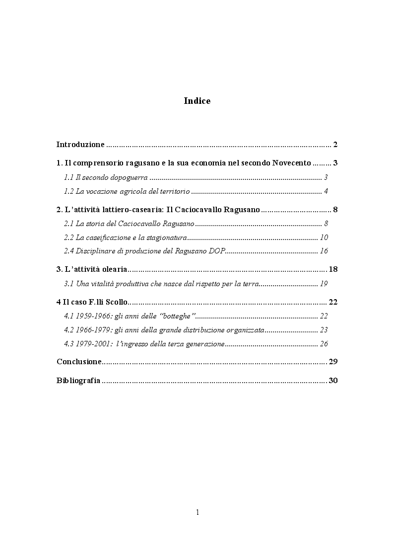 Indice della tesi: Prodotti tipici ed esperienze imprenditoriali nel Ragusano del secondo Novecento, Pagina 1