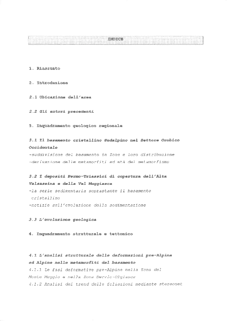 Indice della tesi: Studio Geo-giacimentologico delle mineralizzazioni a solfuri dell'area tra Bellano e Dervio e dell'Alta Valsassina, Pagina 1