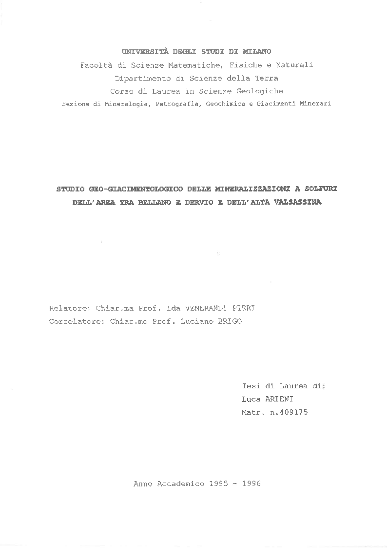 Anteprima della tesi: Studio Geo-giacimentologico delle mineralizzazioni a solfuri dell'area tra Bellano e Dervio e dell'Alta Valsassina, Pagina 1