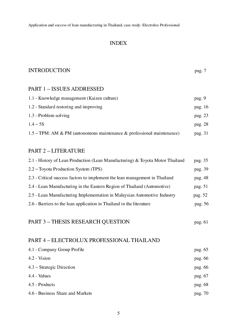 Indice della tesi: Application and success of the lean manufacturing in Thailand, case study: Electrolux Professional Rayong, Pagina 1