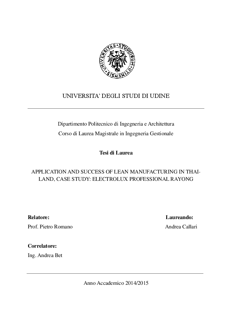 Anteprima della tesi: Application and success of the lean manufacturing in Thailand, case study: Electrolux Professional Rayong, Pagina 1
