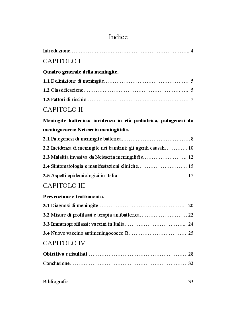 Indice della tesi: Meningite batterica in età pediatrica: validità della prevenzione, Pagina 1