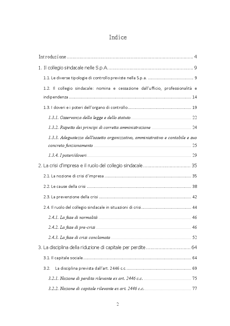 Indice della tesi: Il ruolo del collegio sindacale nei casi di riduzione del capitale per perdite, Pagina 1