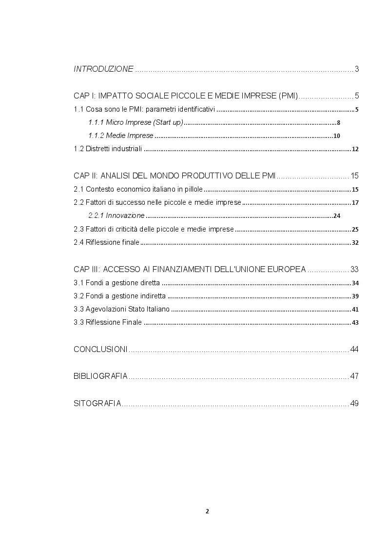 Indice della tesi: Piccole e medie imprese italiane: caratteristiche ed opportunità di sviluppo, Pagina 1