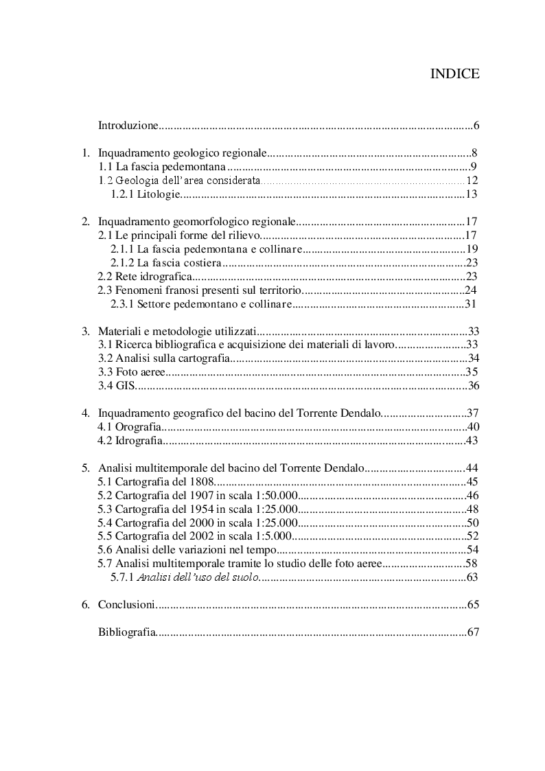 Indice della tesi: Analisi geografico-fisica multitemporale del Torrente Dendalo, Pagina 1