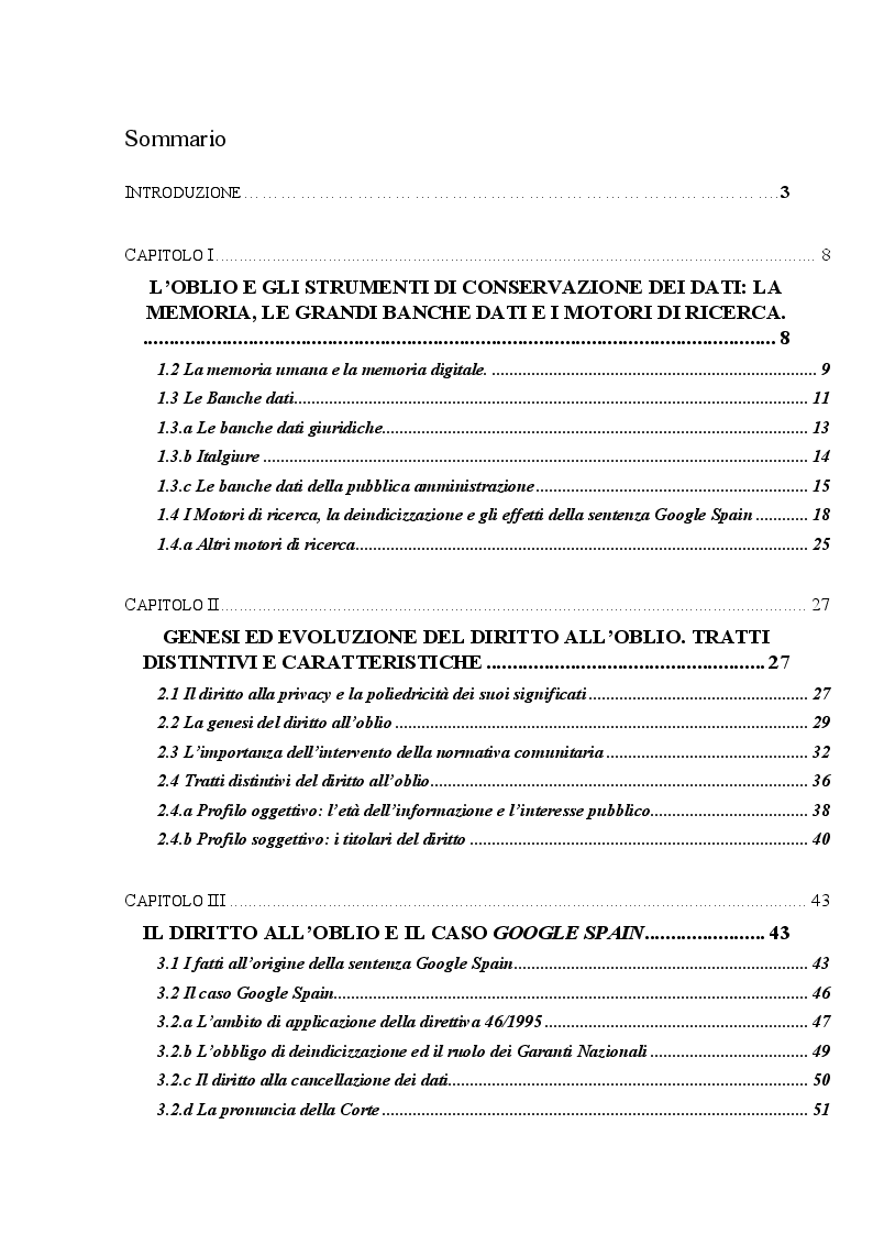 Indice della tesi: Il diritto all'oblio come forma di manifestazione del diritto alla privacy, Pagina 1