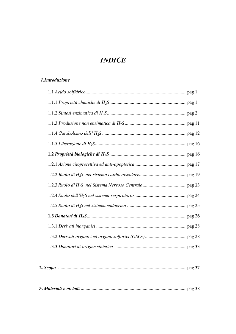 Indice della tesi: Il 3-Mercaptopiruvato un possibile donatore endogeno di acido solfidrico, Pagina 1