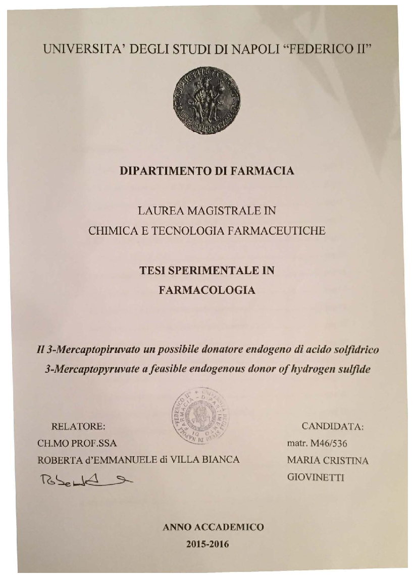 Anteprima della tesi: Il 3-Mercaptopiruvato un possibile donatore endogeno di acido solfidrico, Pagina 1