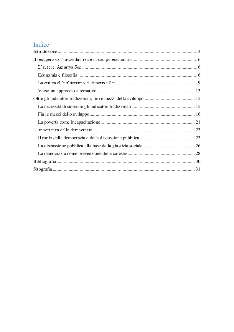 Indice della tesi: Amartya Sen: Etica, libertà e democrazia come fini e mezzo dello sviluppo, Pagina 1
