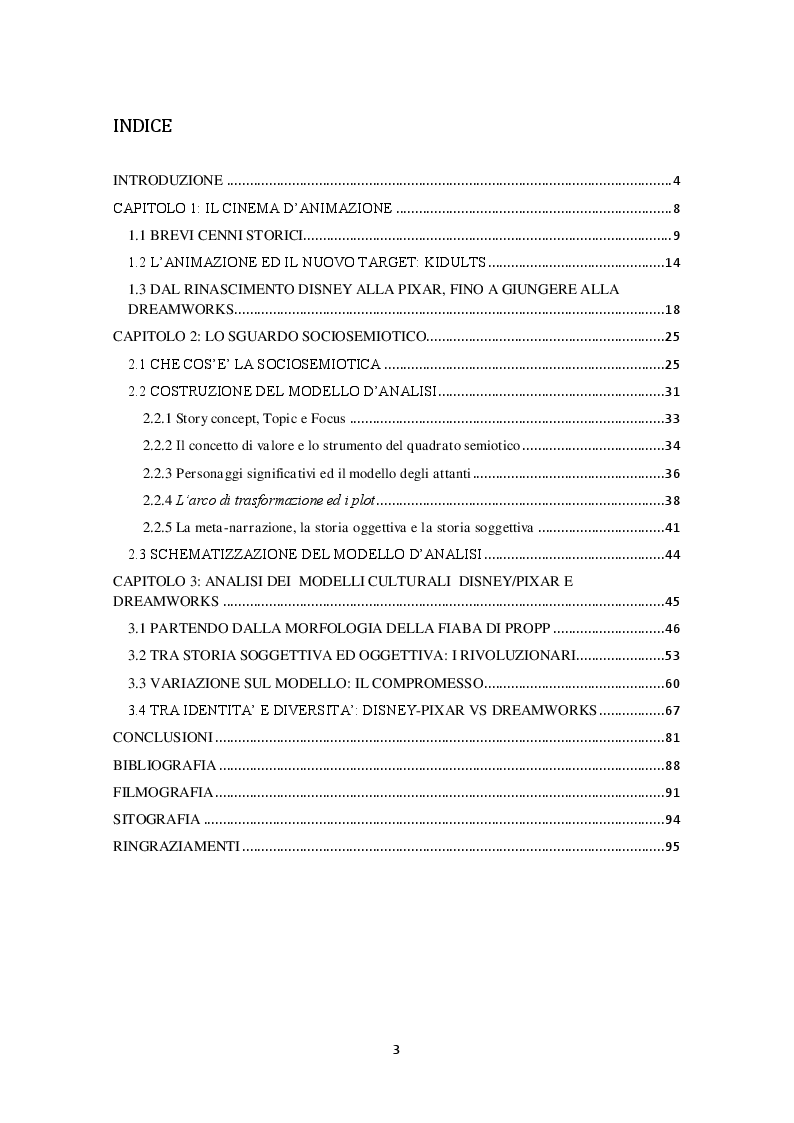 Indice della tesi: Disney-Pixar e Dreamworks : modelli culturali a confronto, Pagina 1